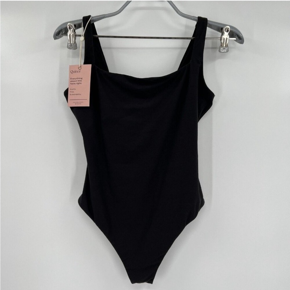 Quince Womens Black Everyday Square Neck Tank Bodysuit sz M Sleeveless NWT Thong